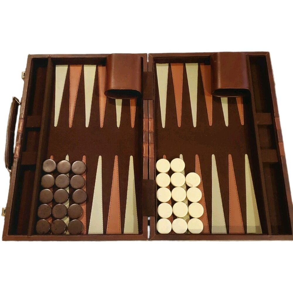 Backgammon Leather Brown Briefcase Portable Travel Folding Game Set 10 x 15" VTG